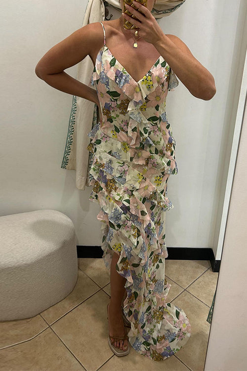 Drune | V-Ausschnitt Asymmetrischer Saum Rüschen Floralprint Maxi Cami Kleid