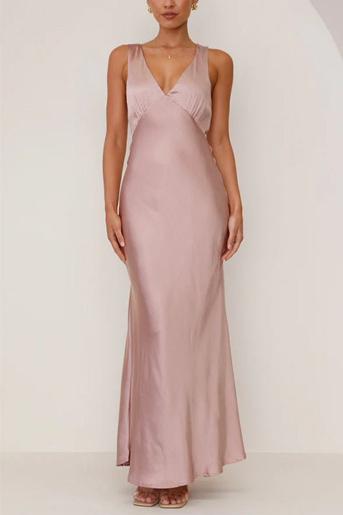 Drune | Rosiedress V-Ausschnitt Ärmelloses Maxikleid Party Kleid