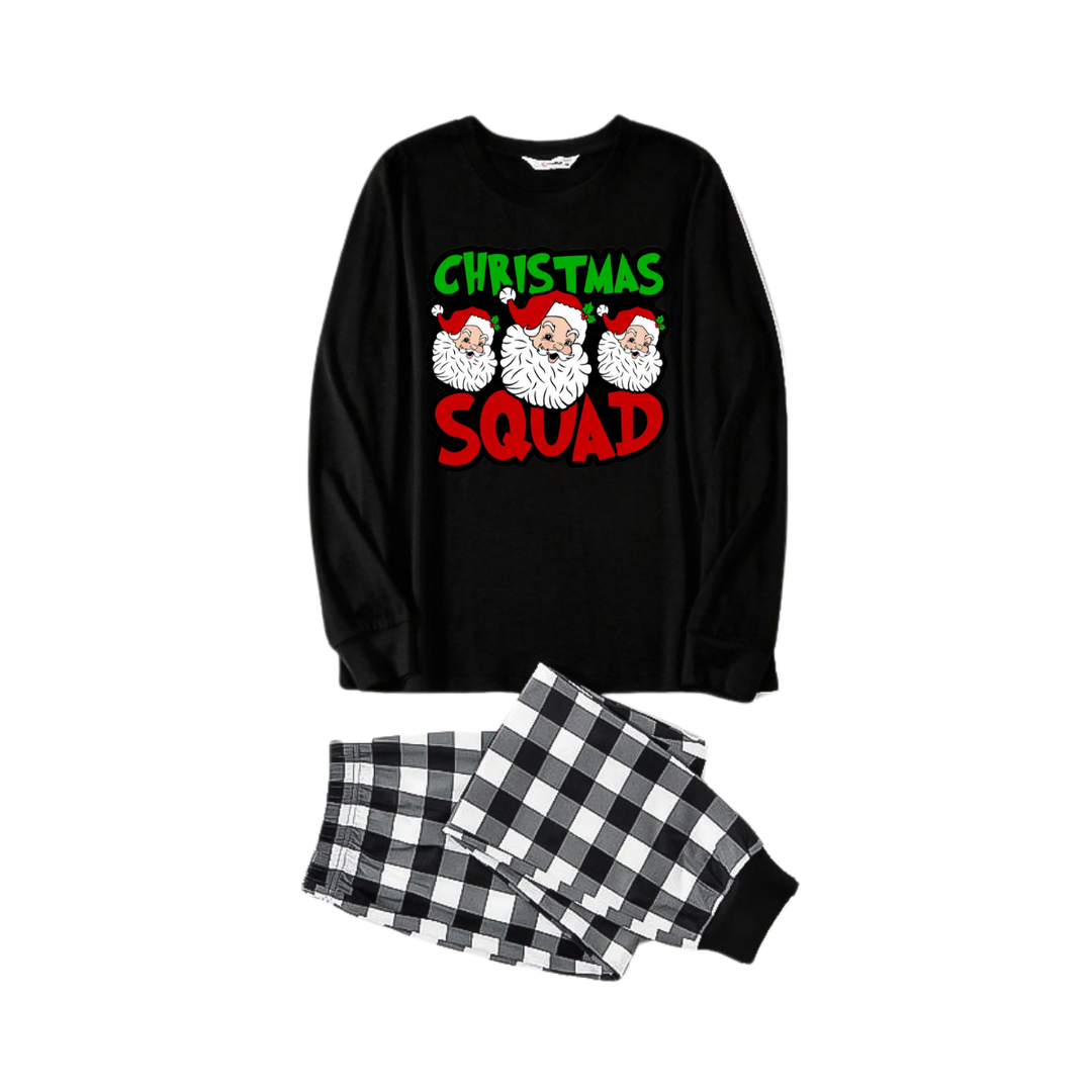 Drune | "Santa Squad" und Santa Claus Druck Schwarzes Langarmshirt mit Schwarz-Weißen Karohosen Familienpassende Schlafanzüge
