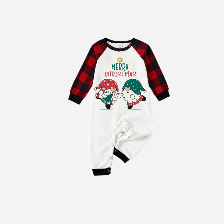 Drune | Rote und schwarze Karierte Weihnachts-Pyjama-Set mit Gnom und Frohe Weihnachten Textdruck