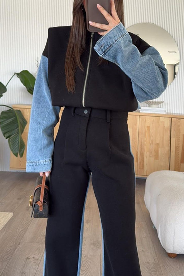 Drune | Casual denim patchwork sweatshirt jacket with zipper