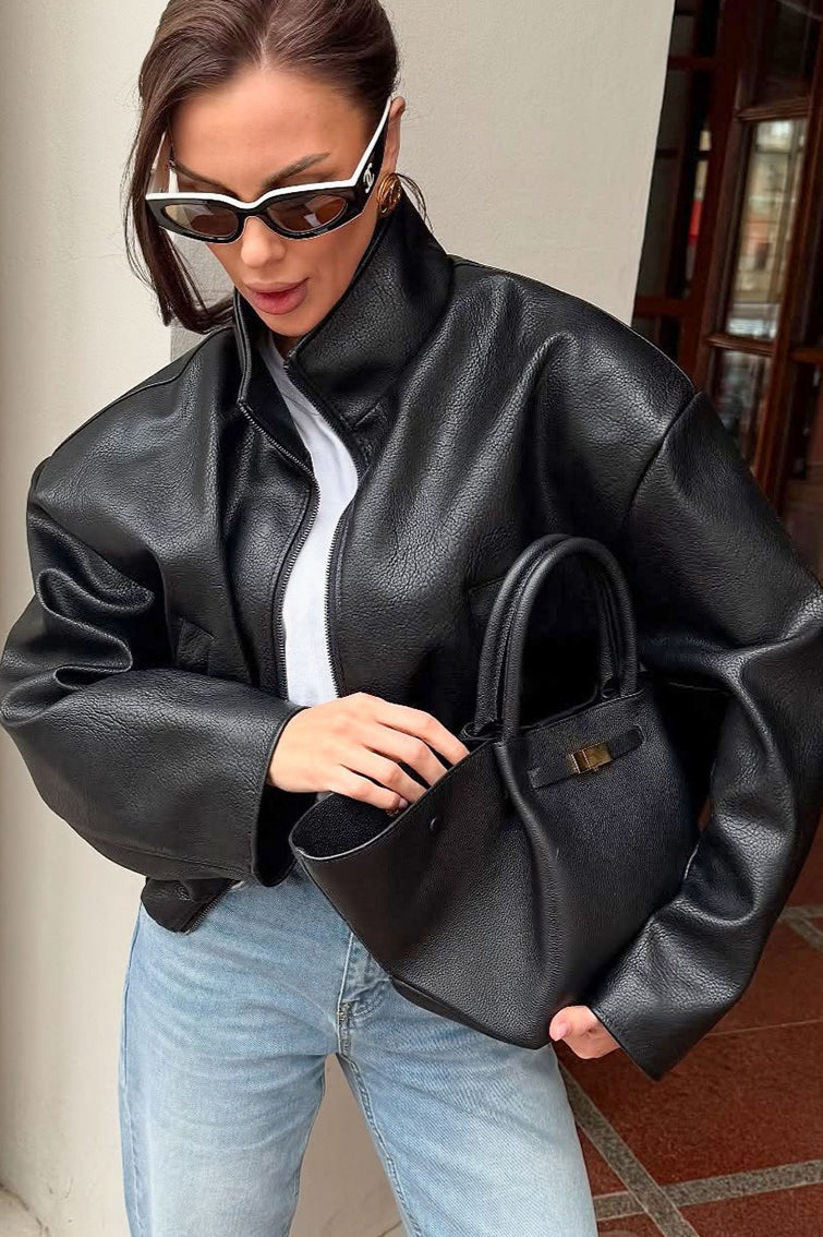 Drune | Schwarze PU-Lederjacke