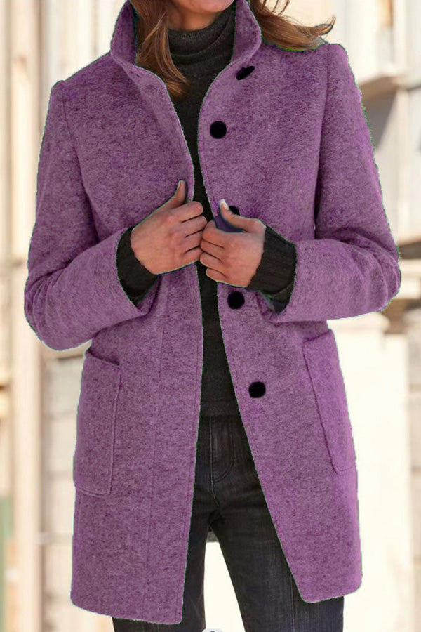 Drune | Unifarbene Knopf Stehkragen Wolljacke