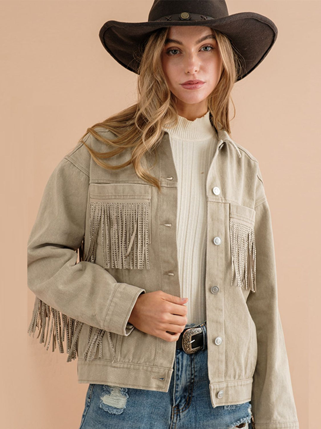 Drune | Fransen-Detail Gefallene Schulter Denimjacke