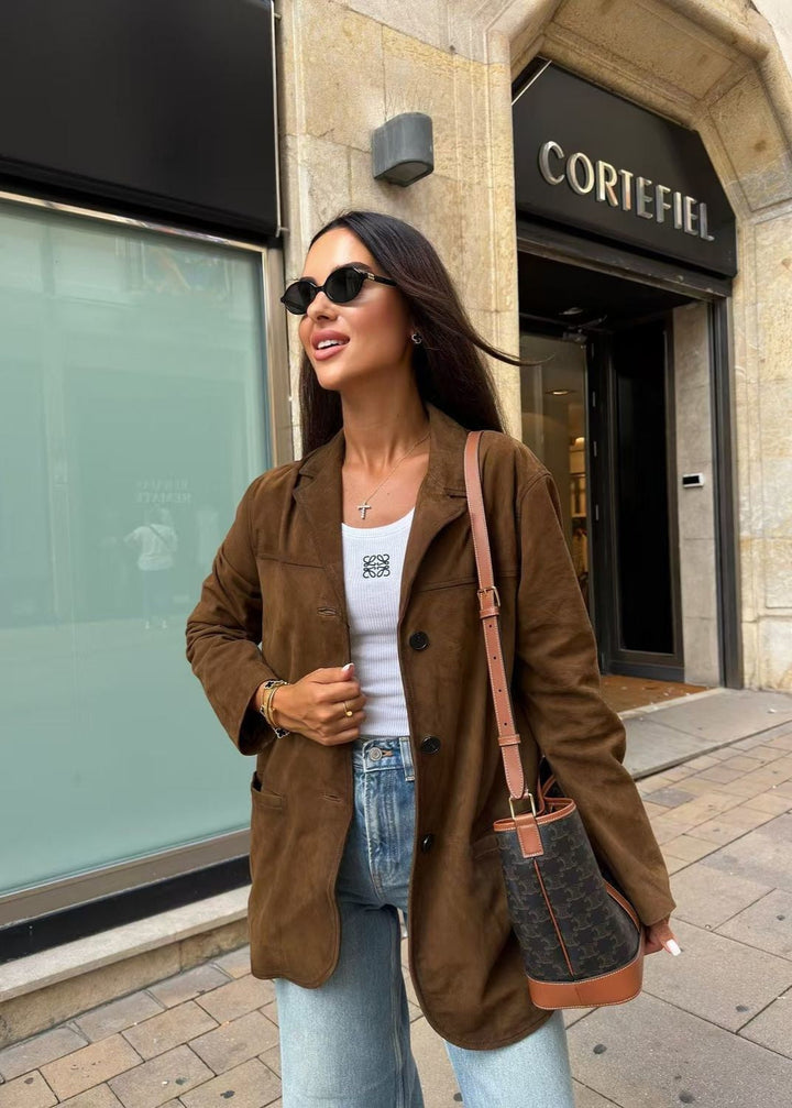 Drune | Wildleder Knopf-Front Blazer mit Pattentaschen