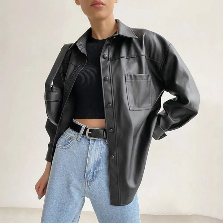 Drune | Vintage leather bomber jacket with lapel collar and button closure