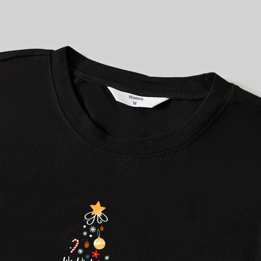 Drune | "Wir wünschen Ihnen ein frohes Weihnachtsfest" Bedrucktes Muster Schwarzes Langarmtop mit Schwarz- und Grünkarierten Hosen Paar Matching Pyjamas