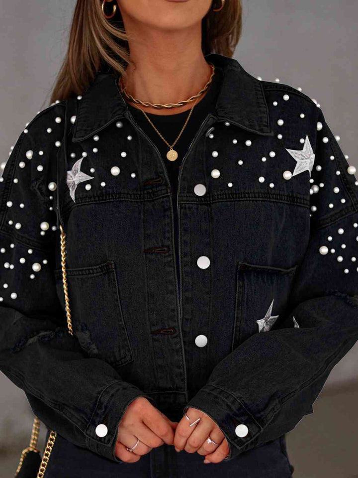 Drune | Perlenbesatz Knopf-Down Denimjacke mit Taschen