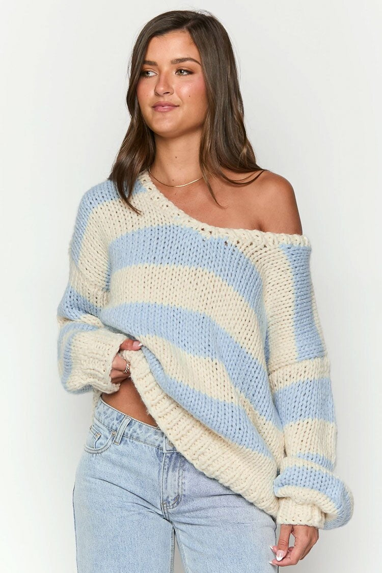 Drune | Off-Shoulder gestreifter Strickpullover für den Herbst-Look