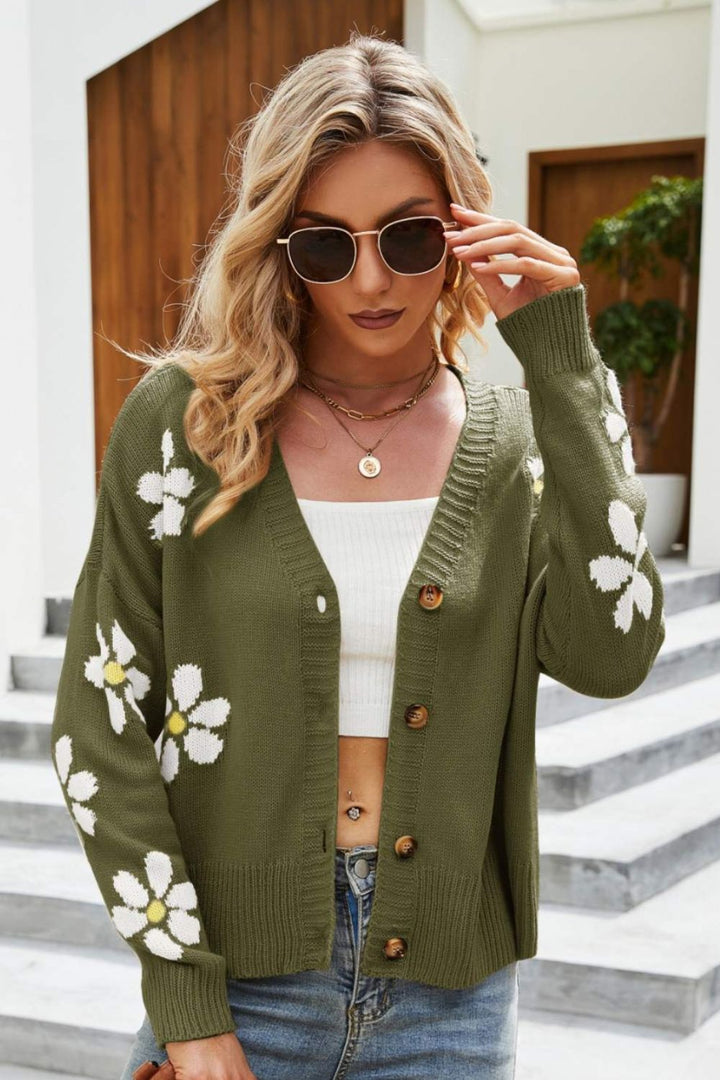 Drune | Floral Ribbed Trim Drop Shoulder Cardigan