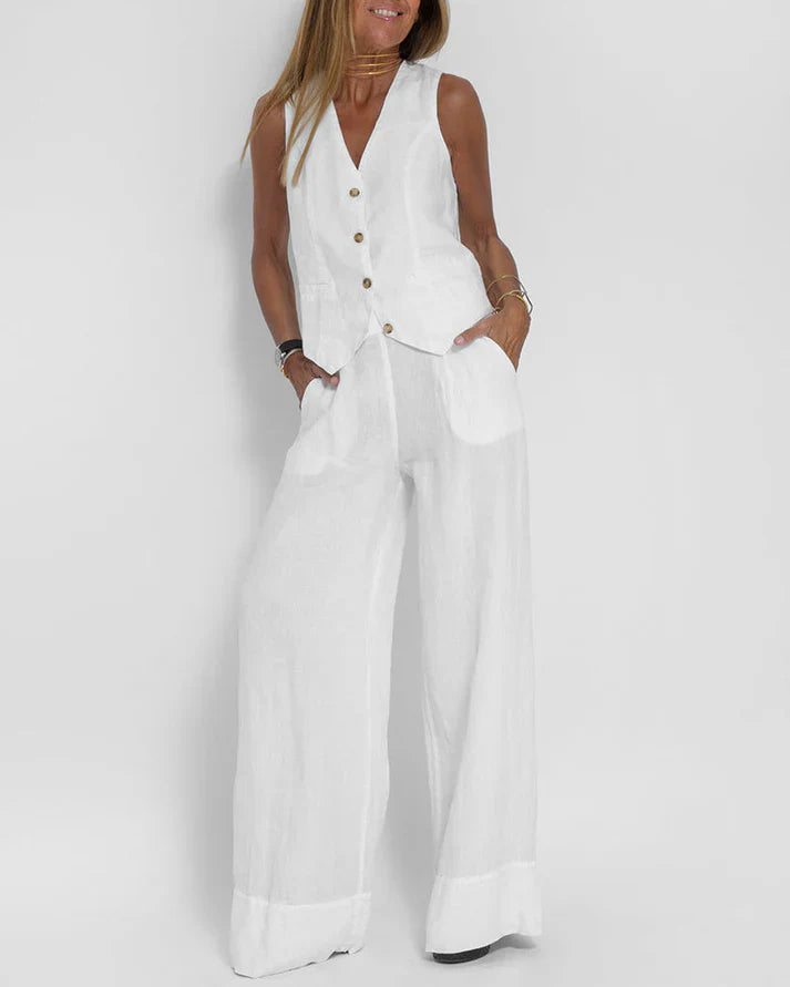 Drune | Elegantes 2 Teiliges Satz Aus Weiter Leinenhose Und Weste