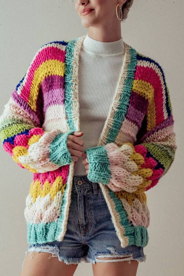 Drune | Gestreifter Grobstrick-Cardigan-Jacke
