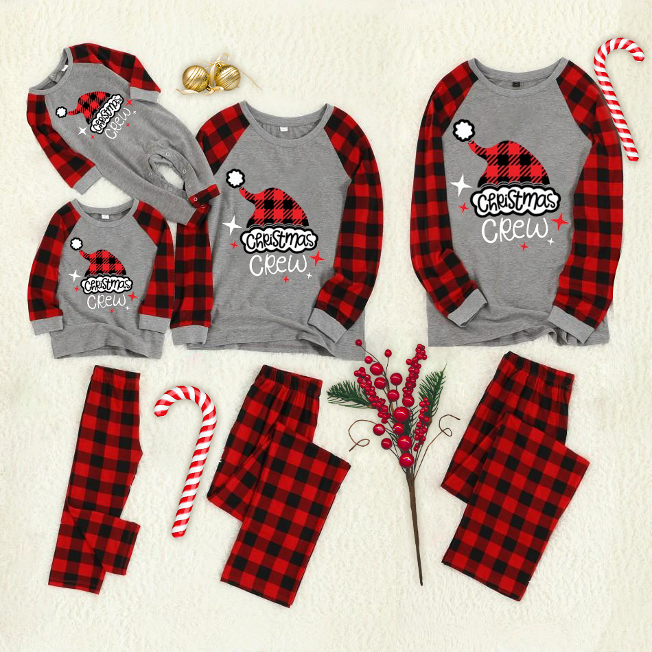 Drune | Weihnachts-Kartoon-Katzenmuster "Meowy Christmas" Buchstabenprint Kontrastoberteil und Karopants Familienpassende Pyjama-Set mit Hundebandana