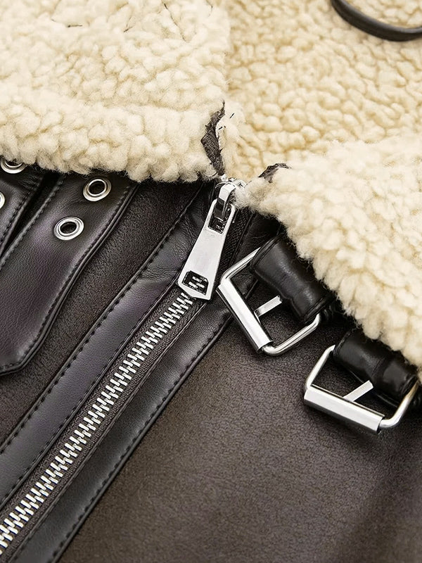 Drune | Braune Lambswool gefütterte Leder Splice Kurzjacke