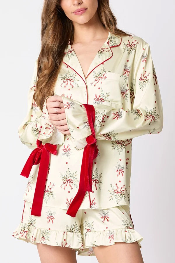 Drune | Weihnachten Mode Gedruckte Fliege Oberteil und Elastischer Taillen Rüschenshorts Set