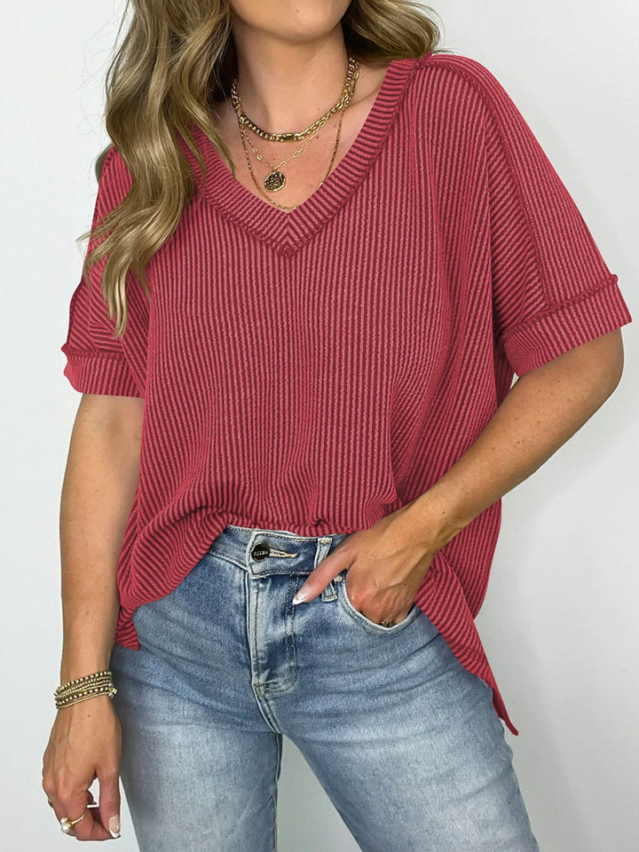 Drune | Cord-Ripp V-Ausschnitt Kurzarm T-Shirt