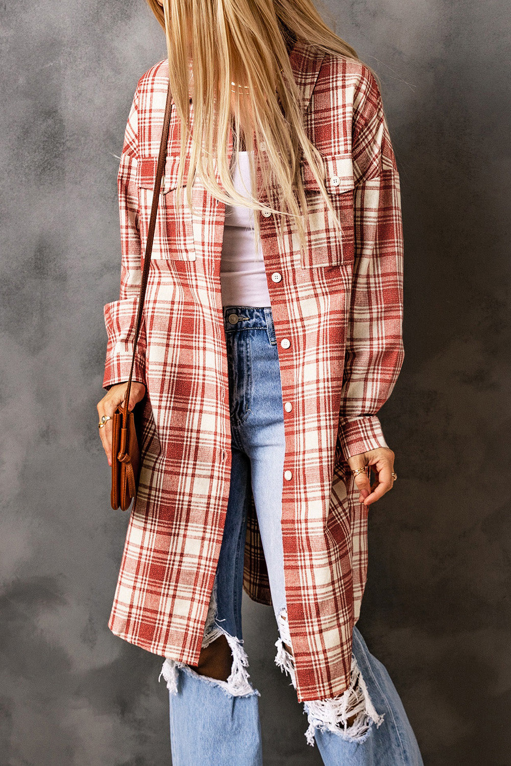 Drune | Karierter Button-Up Longline Shacket mit Brusttaschen