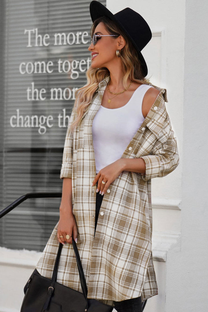 Drune | Karierter Button-Up Longline Shacket mit Brusttaschen