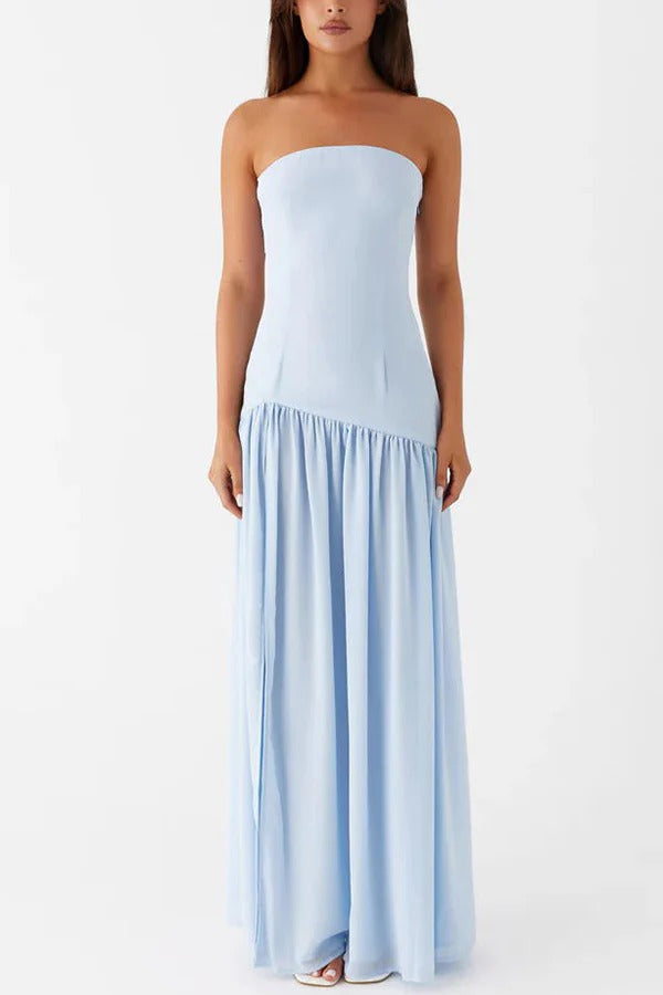 Drune | Eden Patchwork Semi-Transparent Chiffon Strapless Maxi-Kleid