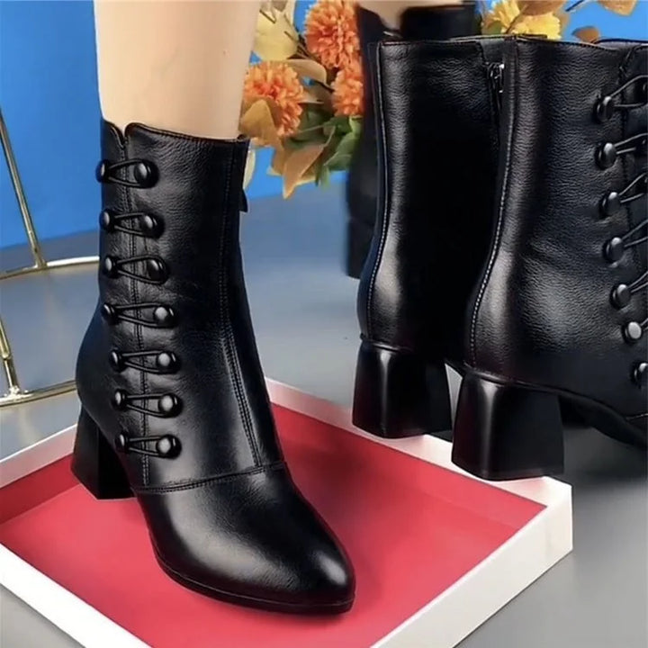 Drune | Damen Warme Seitenknopf Leder Stiefeletten