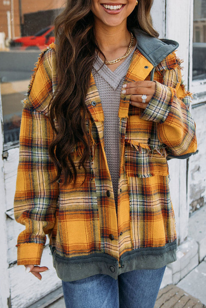 Drune | Karierte Jacke mit Kapuze und Rohen Kanten Baumwolle Lässig und Trendy