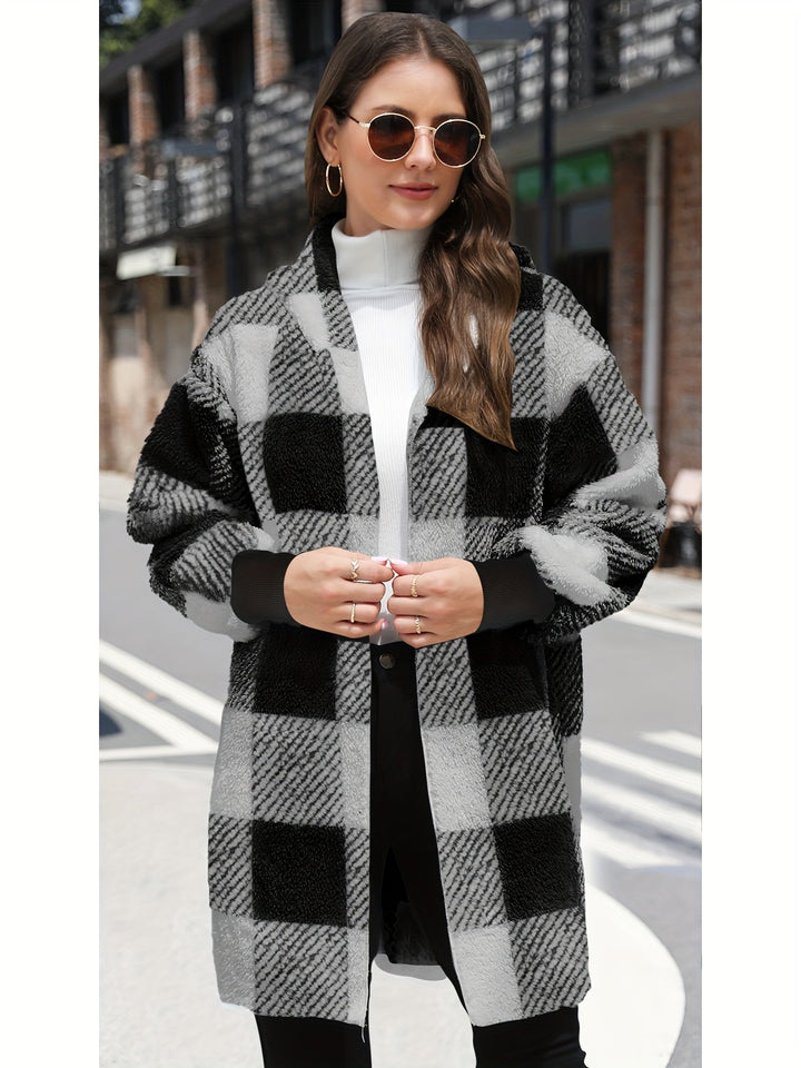 Drune | hooded karierten Fleece-Strickwaren-Cardigan für Damen - Perfekt für den Alltag