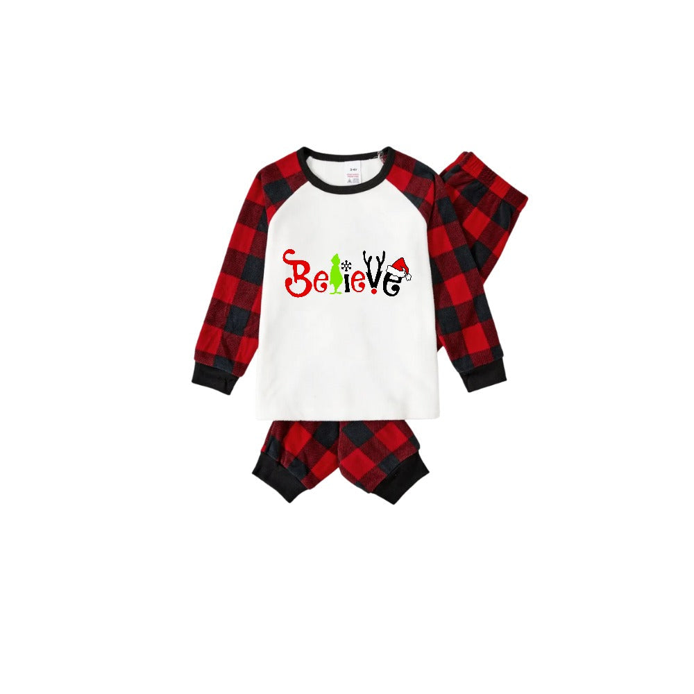 Drune | Christmas 2025 "Believe" Buchstaben Weiß Langarmoberteil und rot-schwarz karierten Hose Familienpassende Pyjamas