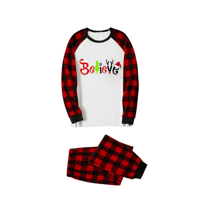 Drune | Christmas 2025 "Believe" Buchstaben Weiß Langarmoberteil und rot-schwarz karierten Hose Familienpassende Pyjamas