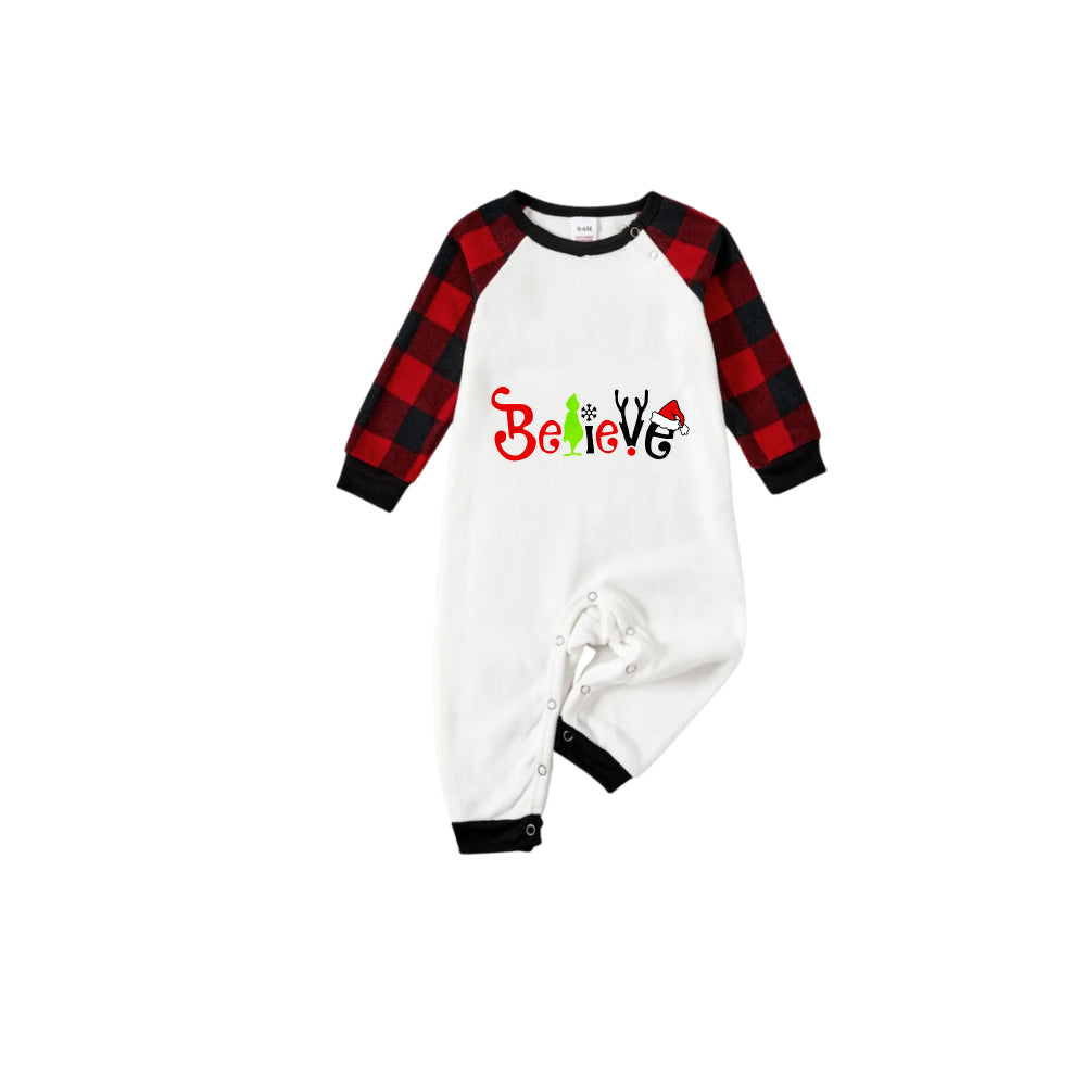 Drune | Christmas 2025 "Believe" Buchstaben Weiß Langarmoberteil und rot-schwarz karierten Hose Familienpassende Pyjamas