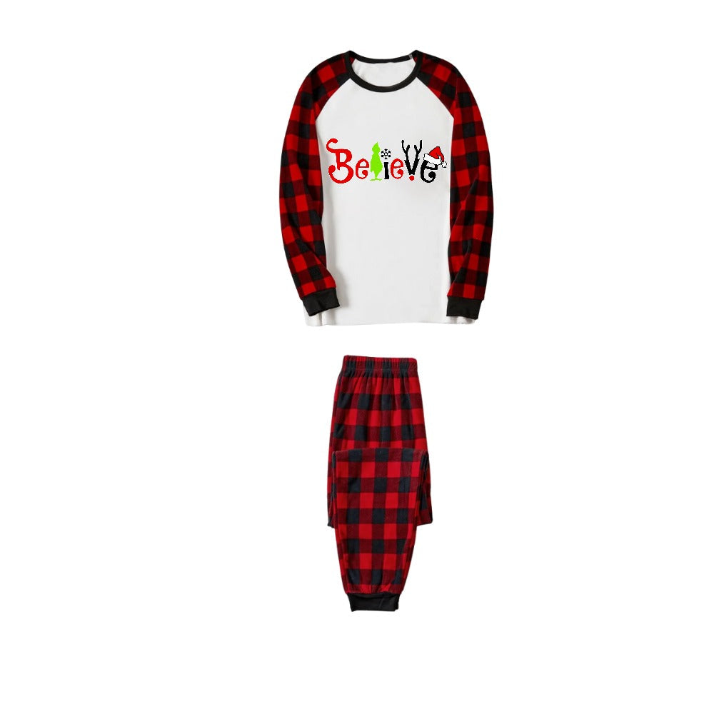 Drune | Christmas 2025 "Believe" Buchstaben Weiß Langarmoberteil und rot-schwarz karierten Hose Familienpassende Pyjamas