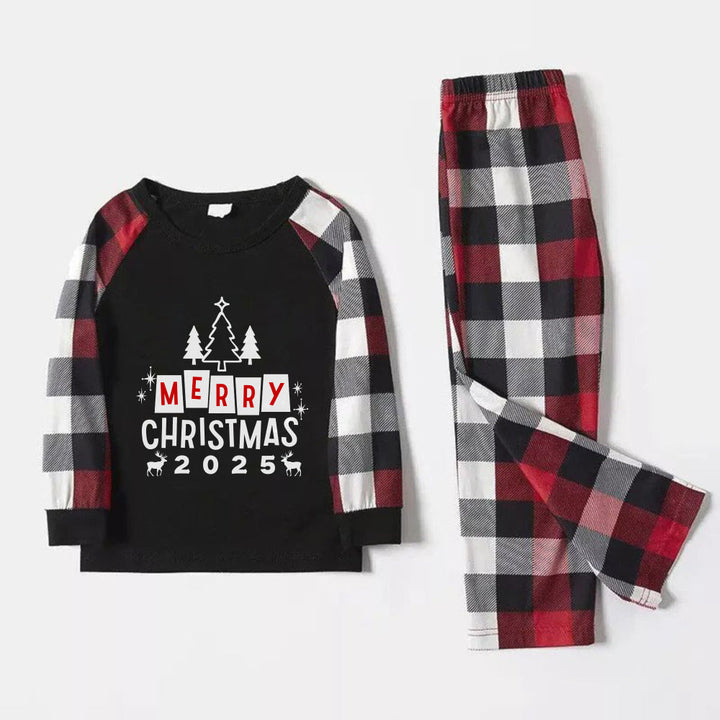 Drune | Weihnachtsfamilien-Matching-Pyjamas - Rotes und graues kariertes Pjyama-Set mit „Frohe Weihnachten“-Druck