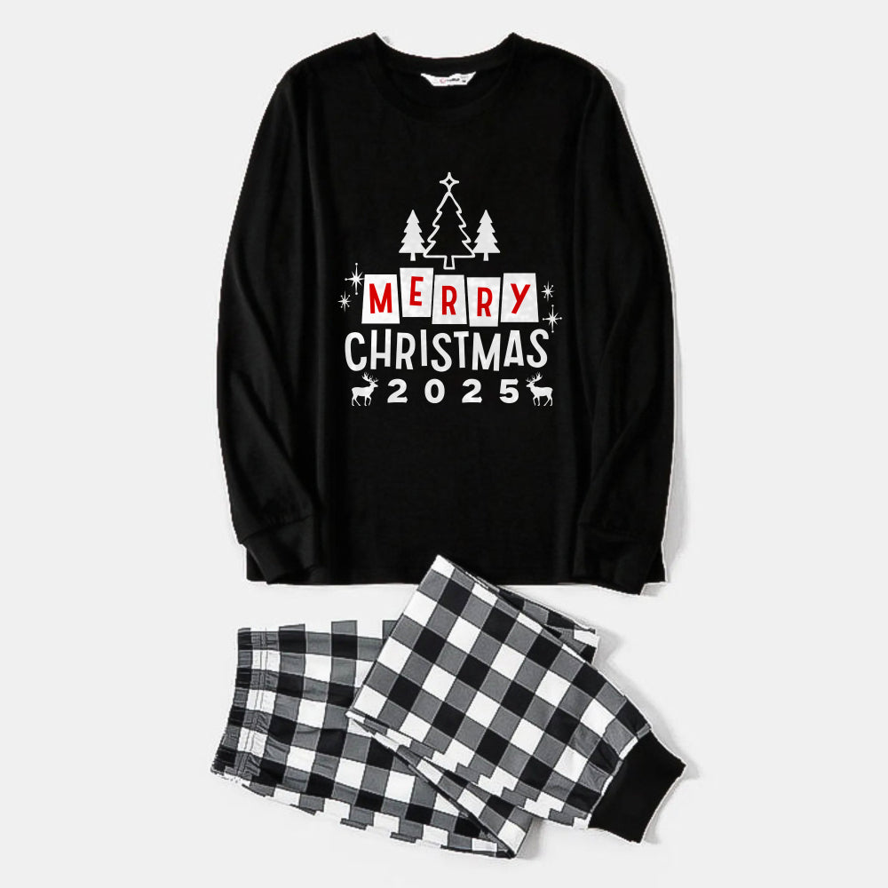 Drune | Schwarz-Weiße Karierte Weihnachts-Pyjama-Set mit Weihnachtsbaum und "Frohe Weihnachten" Textdruck