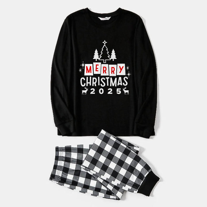 Drune | Schwarz-Weiße Karierte Weihnachts-Pyjama-Set mit Weihnachtsbaum und "Frohe Weihnachten" Textdruck