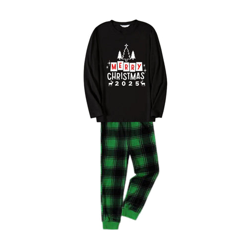 Drune | Weihnachtsfamilien-Pyjama-Matching - Schwarzes Oberteil und grüne karierten Hose PJs Set mit 