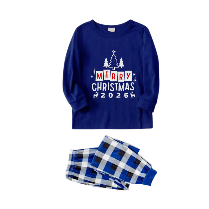 Drune | Weihnachtsfamilienpassende Pyjamas - Navy & Weiß Karo Pjs Set mit "Frohe Weihnachten 2025" Aufdruck