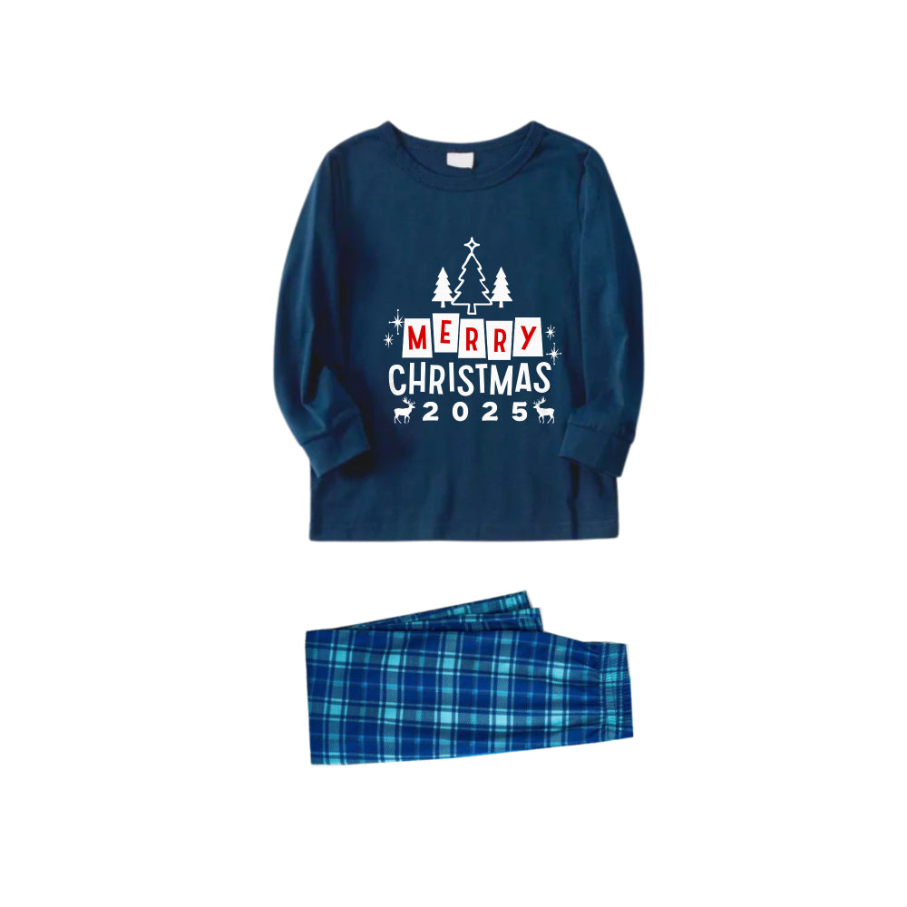 Drune | Weihnachtsfamilien-Pyjama-Set in Marineblau & Himmelblau Karomuster mit "Frohe Weihnachten 2025" Aufdruck