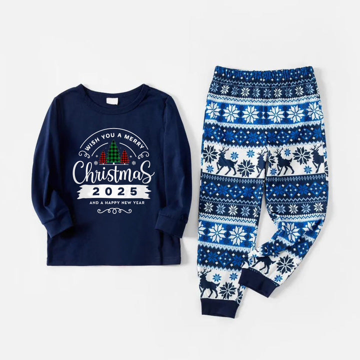 Drune | Fröhliche blaue Weihnachts-Pyjama-Set mit "Frohe Weihnachten 2025 und ein glückliches neues Jahr" Druck