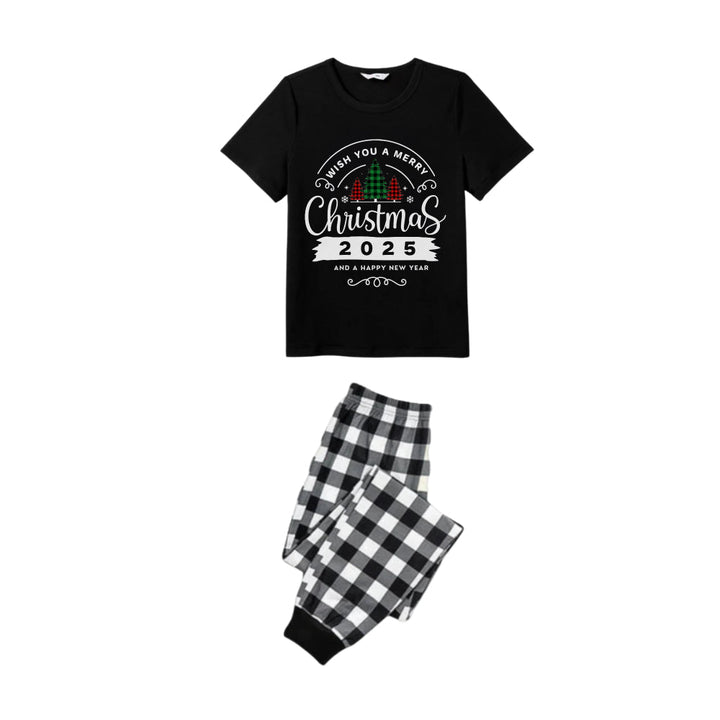 Drune | Schwarz-weißer kariert Kurzarm Weihnachten Familien-Pyjama-Set mit "Wünsche dir frohe Weihnachten 2025 und ein glückliches neues Jahr" Druck