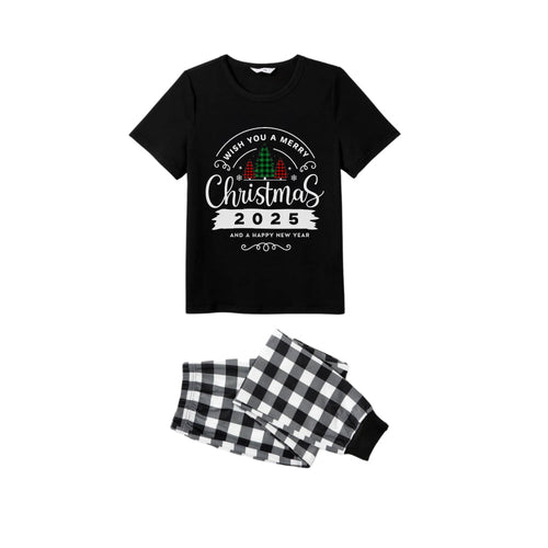 Drune | Schwarz-weißer kariert Kurzarm Weihnachten Familien-Pyjama-Set mit 