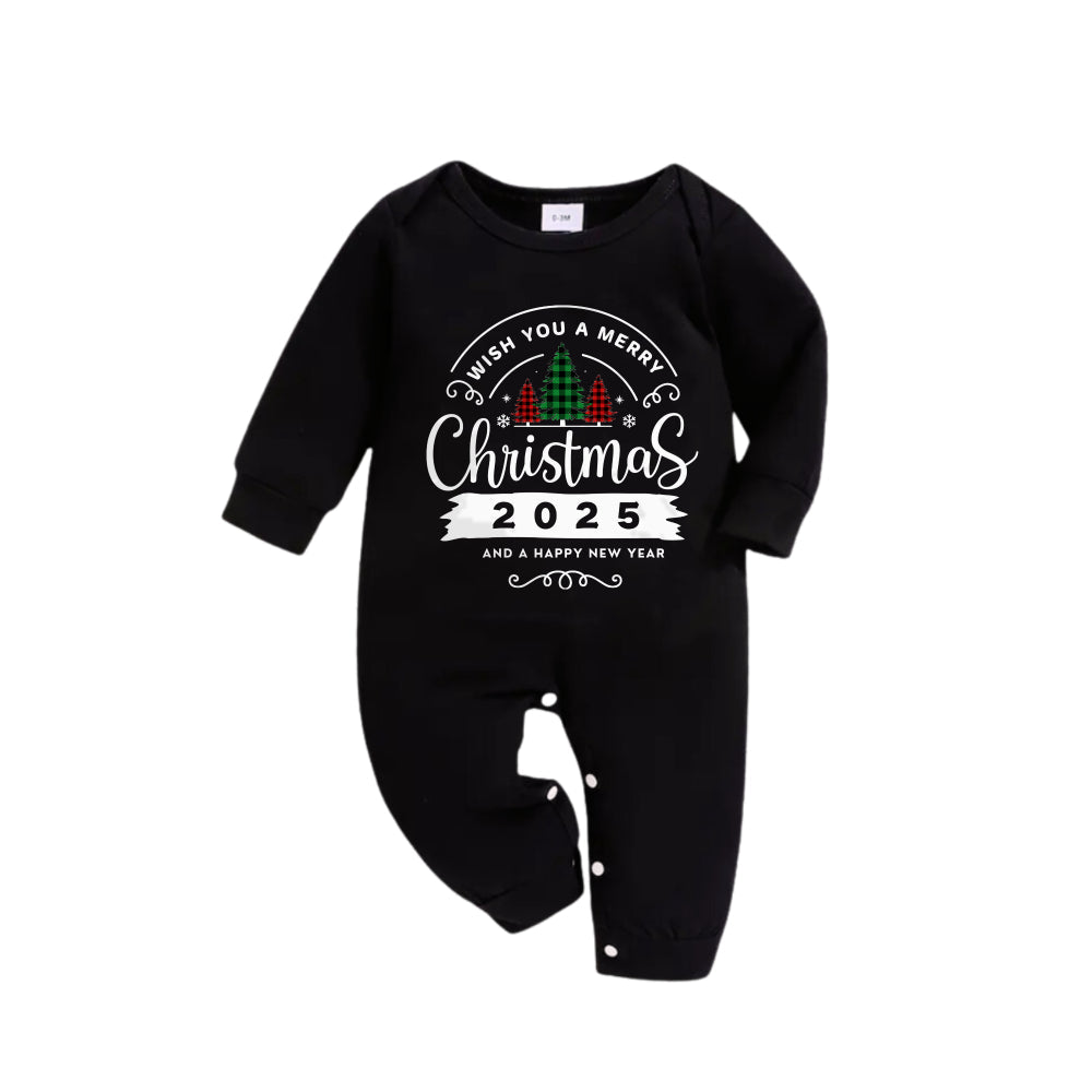 Drune | Weihnachtsfamilien-Pyjamas passend - Schwarzes Oberteil und grüne karierte Hose Pjs Set mit "Wünsche dir frohe Weihnachten 2025" Druck