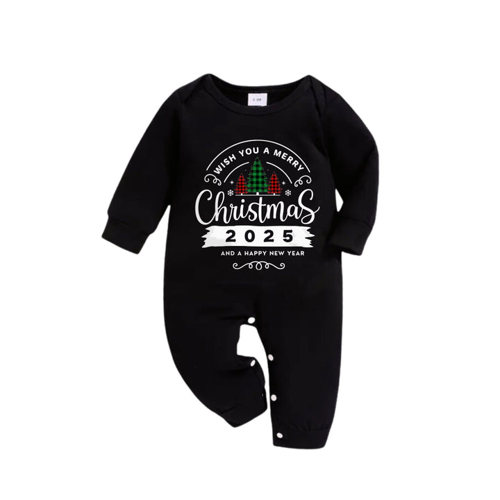 Drune | Weihnachtsfamilien-Pyjamas passend - Schwarzes Oberteil und grüne karierte Hose Pjs Set mit "Wünsche dir frohe Weihnachten 2025" Druck