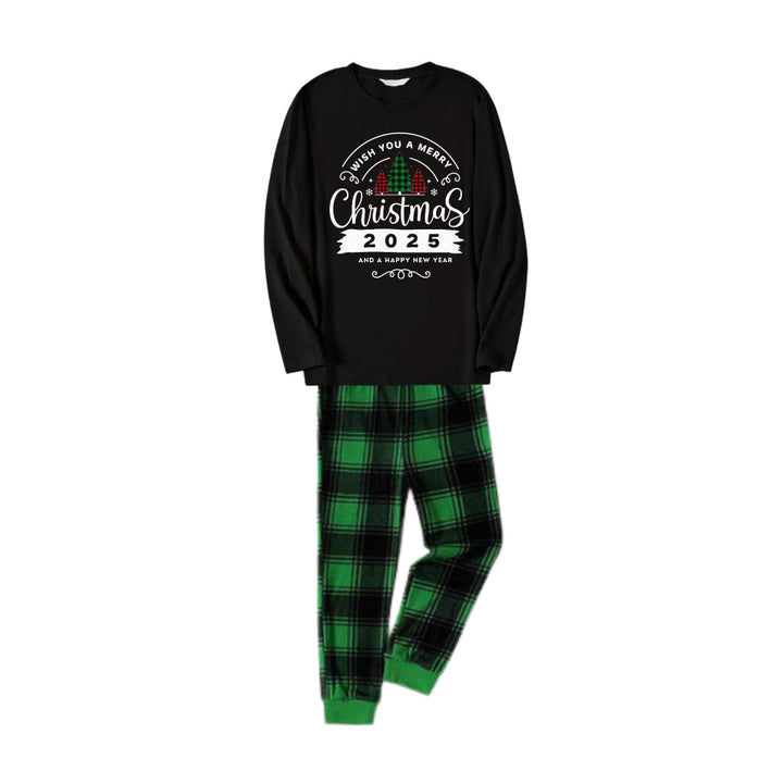 Drune | Weihnachtsfamilien-Pyjamas passend - Schwarzes Oberteil und grüne karierte Hose Pjs Set mit "Wünsche dir frohe Weihnachten 2025" Druck