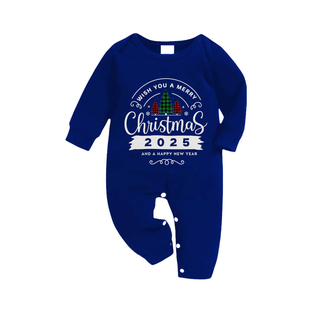 Drune | Weihnachtsfamilien-Pyjamas - Marineblau & Weiß Kariertes Pjs-Set mit "Frohe Weihnachten" Druck