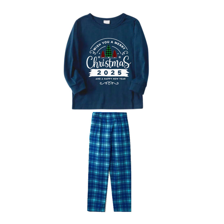 Drune | Weihnachtsfamilie passende Schlafanzüge - Marine- und Himmelsblau kariertes Pjs-Set mit dem Druck "Wünsche dir ein frohes Weihnachtsfest 2025"