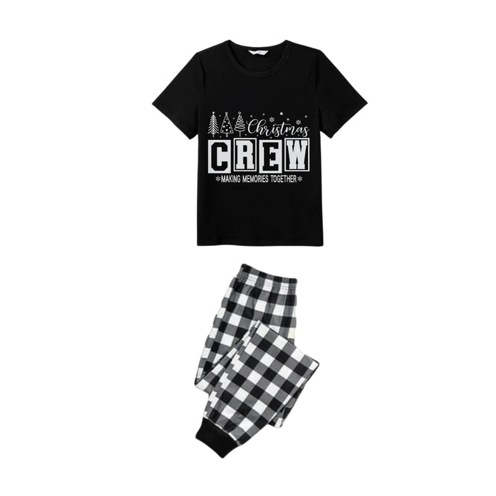 Drune | Schwarz-weiße Karierte Kurzarm-Weihnachtsfamilien-Pyjama-Set mit "Christmas Crew Making Memories Together" Druck