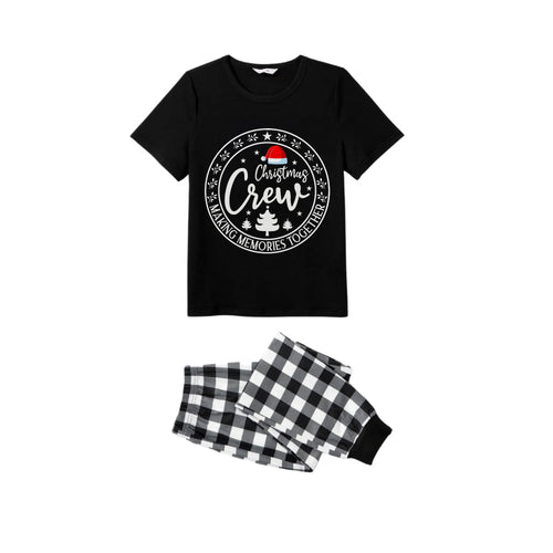 Drune | Schwarz-weiß kariertes Kurzarm-Weihnachtsfamilien-Pyjama-Set mit Weihnachtsmannmütze und 
