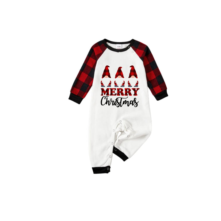 Drune | FRÖHLICHE Weihnachtsbriefe und Santa-Hut bedrucktes weißes Langarmoberteil mit rot-schwarzen karierten Hosen Familienpyjamas