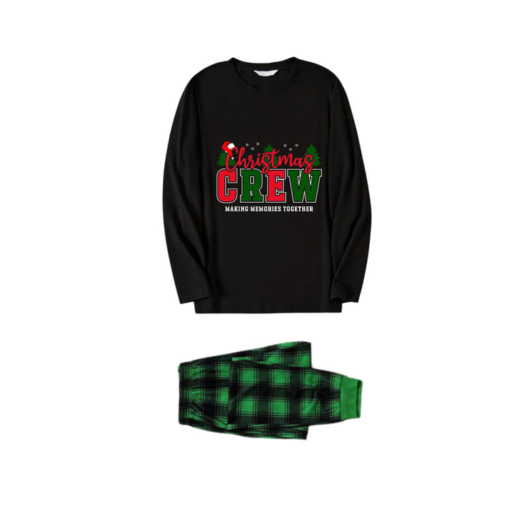 Drune | Weihnachtsfamilien passende Schlafanzüge - Schwarzes Oberteil und grüne karierte Hose Pjs Set mit "Christmas Crew Making Memories Together" Slogan Druck