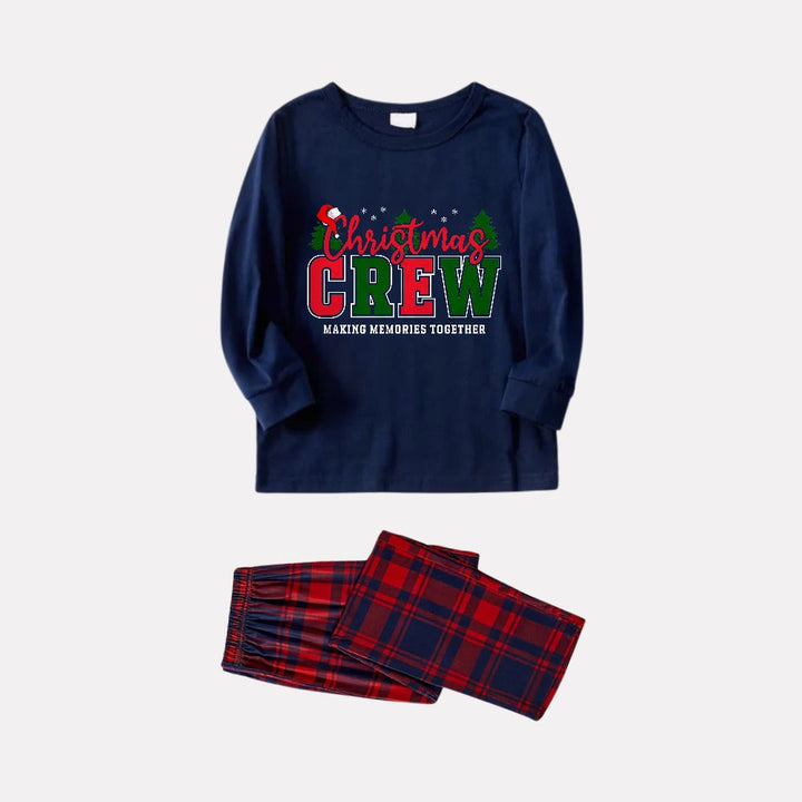 Drune | Weihnachtsfamilienpassende Schlafanzüge - Marineblau & Rote Karierte Pjs Set mit "Christmas Crew Making Memories Together" Aufdruck