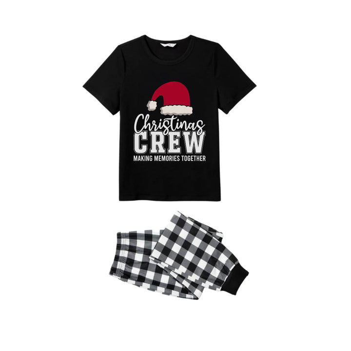 Drune | Schwarz-weißes karriertes Kurzarm-Weihnachtsfamilien-Pyjama-Set mit Weihnachtsmannmütze und Textdruck